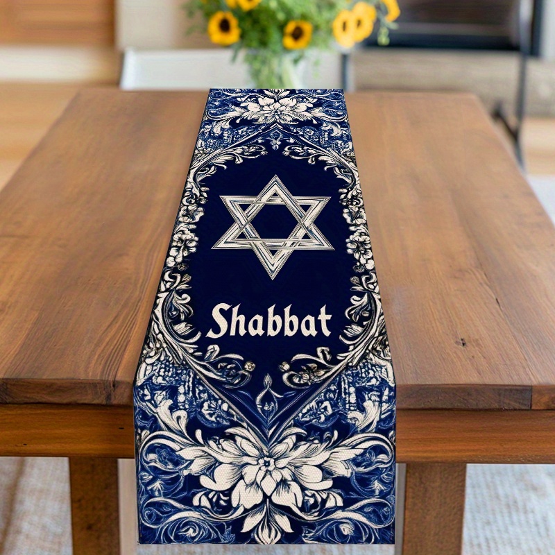 Chemin de table Shabbat bleu et blanc à étoile de David
