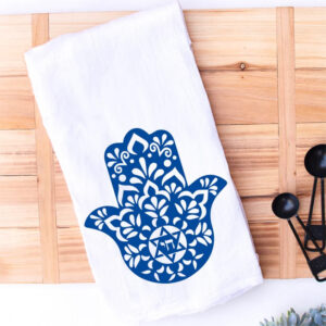 Essuie-main blanc avec motif Hamsa bleu et détail Chai, pour cuisine, Shabbat ou cadeau de maison.