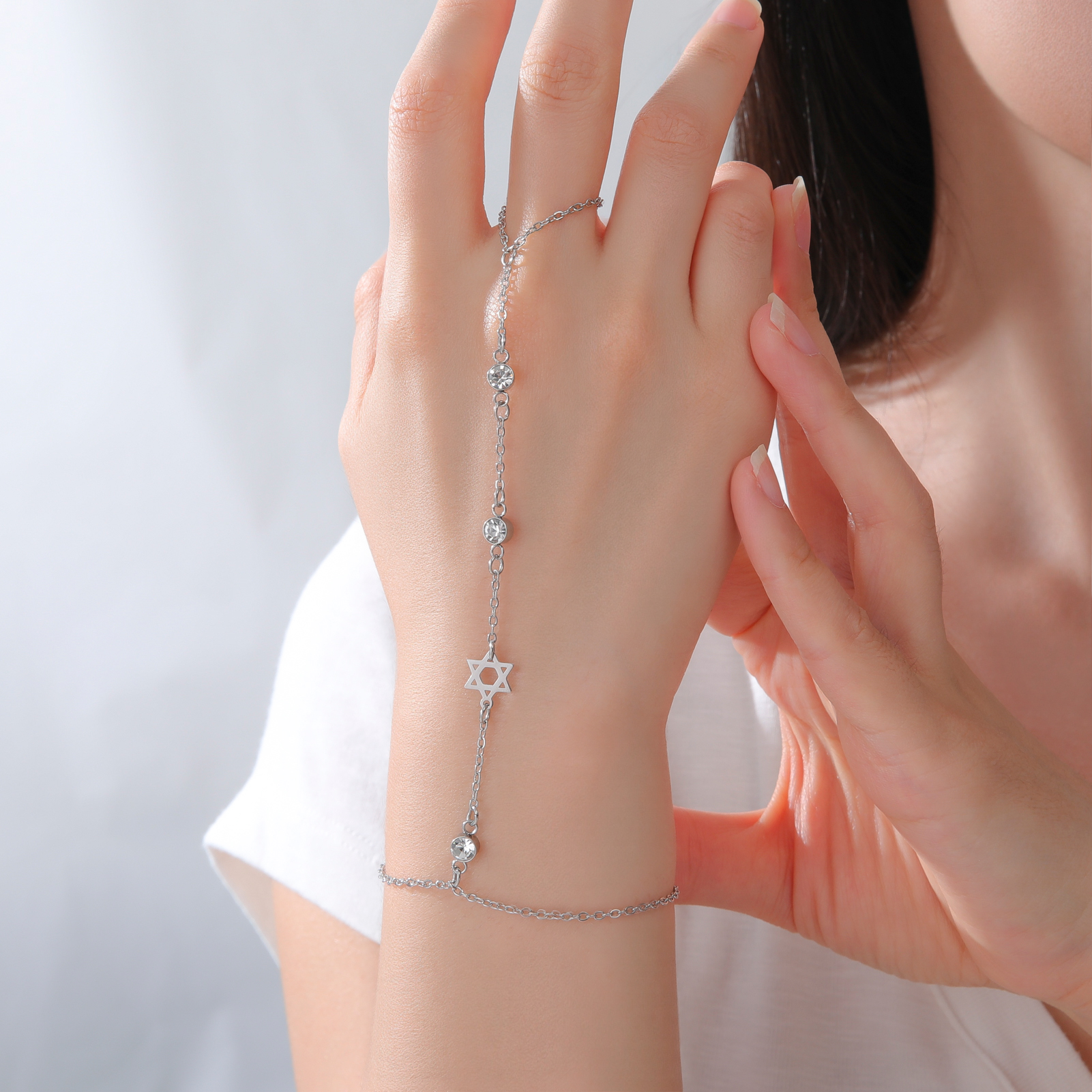 Bracelet-bague Magen David argenté