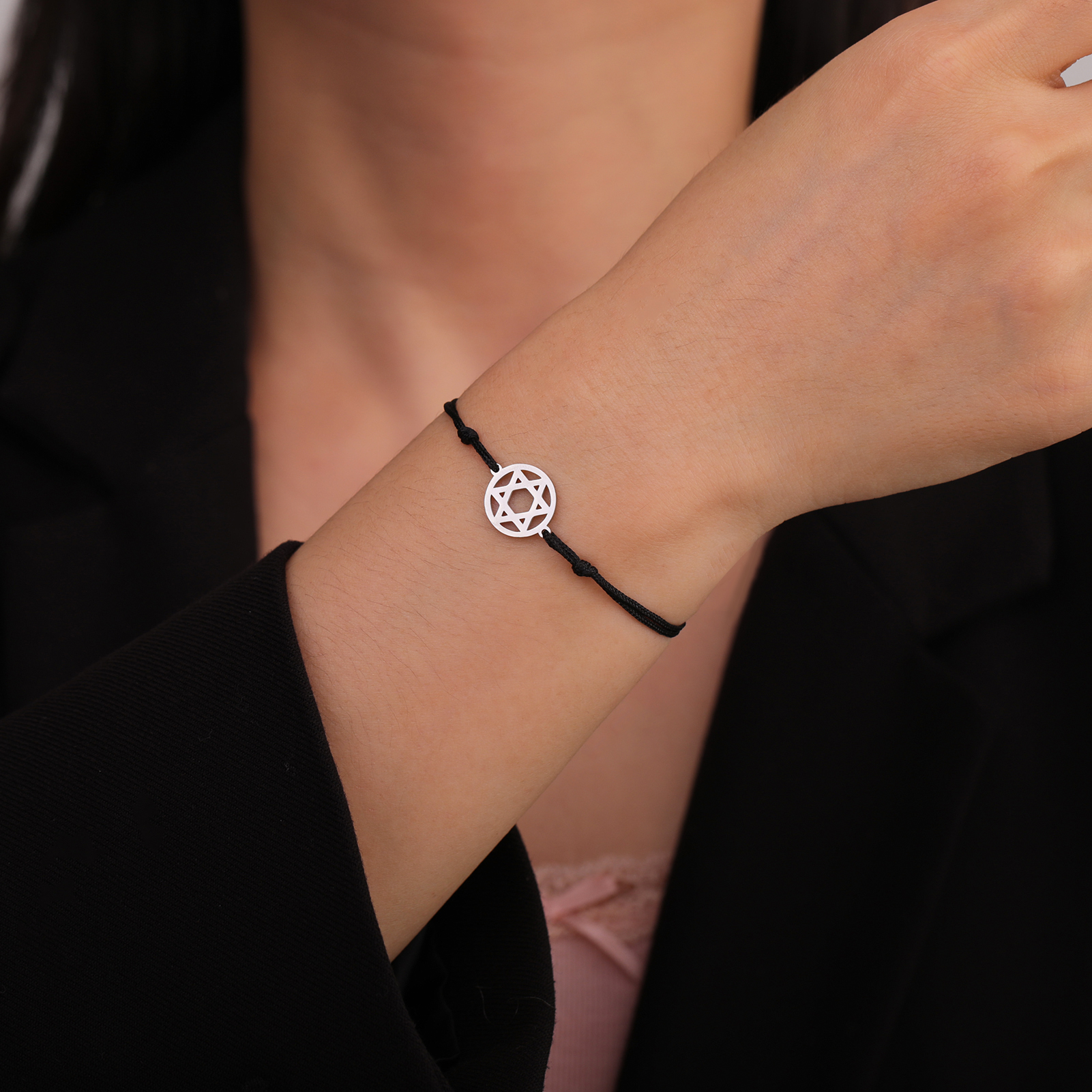 Bracelet cordon noir Magen David argenté