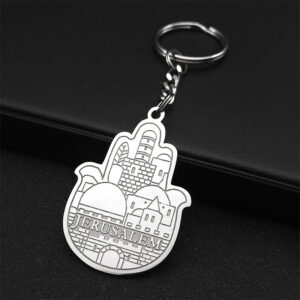 Porte-clés argenté avec main Hamsa et paysage de Jérusalem