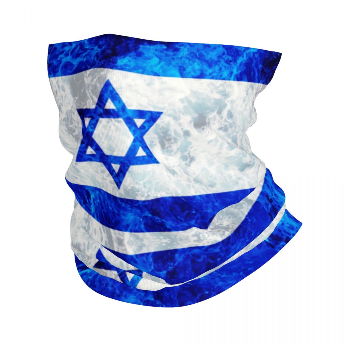 Cache-cou multifonction inspiré du drapeau israélien, blanc et bleu, taille unique.